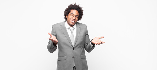 black afro businessmanfeeling clueless and confused, not sure which choice or option to pick,...