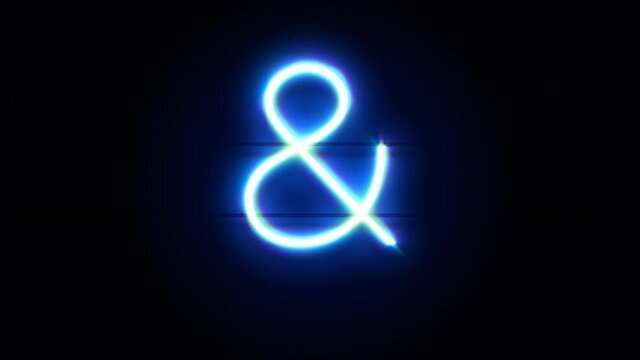 Neon Ampersand sign appear in center and disappear after some time. Animated blue neon alphabet symbol on black background. Looped animation.