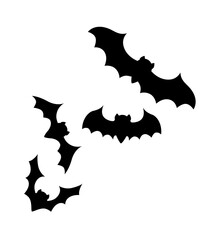 Halloween black bat icon set. Flying fox night creatures illustration. Silhouettes of flying bats traditional Halloween symbols on white. Vector background.