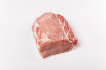 Raw pork meat on white background. Whole piece of meat. Flat lay, top view