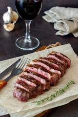Grilled beef steak. American cuisine. Recipe. Meat.