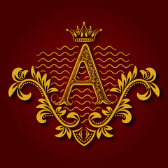 Letter A heraldic monogram in coats of arms form. Vintage golden logo with shadow on maroon background. Letter A is surrounded by floral elements of design.