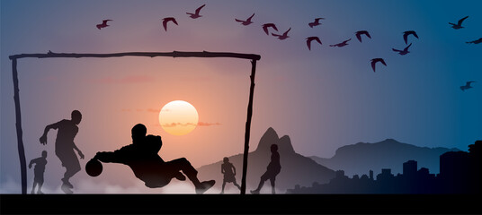 Football - Enfants jouant au crépuscule (Rio)