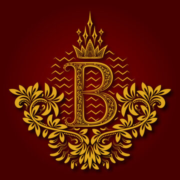Letter B heraldic monogram in coats of arms form. Vintage golden logo with shadow on maroon background. Letter B is surrounded by floral elements of design.