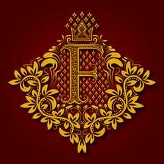 Letter F heraldic monogram in coats of arms form. Vintage golden logo with shadow on maroon background. Letter F is surrounded by floral elements of design.