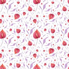 Watercolor violet leaves and red flowers seamless pattern. Watercolor fabric. Repeat leaves. Use for design invitations, birthdays, weddings.