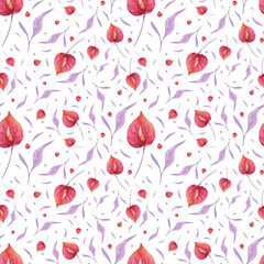 Watercolor violet leaves and red flowers seamless pattern. Watercolor fabric. Repeat leaves. Use for design invitations, birthdays, weddings.
