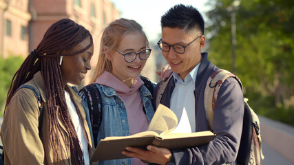 Young multiethnic university students studying outdoors building