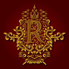 Letter R heraldic monogram in coats of arms form. Vintage golden logo with shadow on maroon background. Letter R is surrounded by floral elements of design.