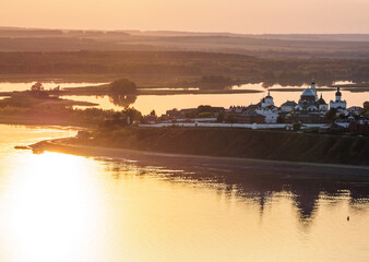 Aerial view of fabulous town-island Sviyazhsk at sunset, Tatarstan, Russia.  Top view.