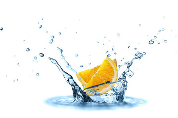 Two orange slices falling in splashing water isolated on white