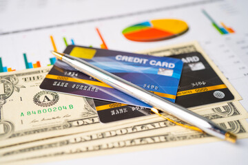 Credit card on chart and graph paper. Finance development, Banking Account, Statistics, Investment Analytic research data economy, Stock exchange trading, Business company concept.