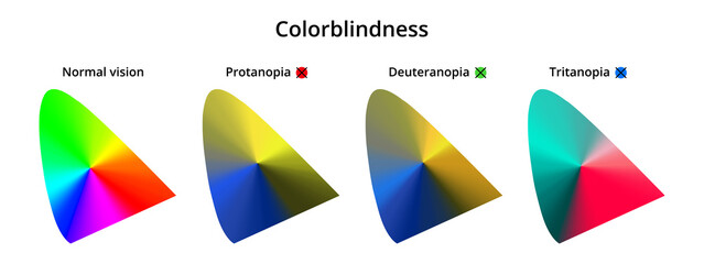 Fototapeta Vector illustration of color blindness or colorblindness. Normal vision, protanopia, tritanopia, deuteranopia. Color vision deficiency CIE spectrum. Decreased ability to see color. Isolated on white. obraz