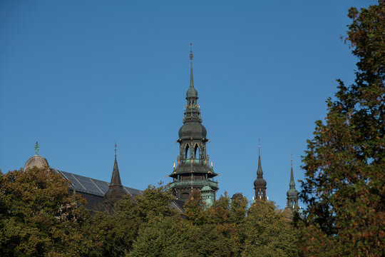 Tower and spire on a gothic museal building in Stockholm