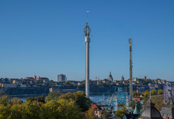 Naklejka premium Skyline over Stockholm from a hill in a park on the island Djurgården.