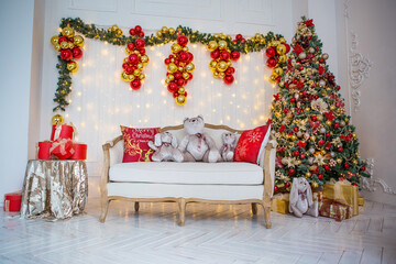 sofa in the interior with Christmas and New Year decor