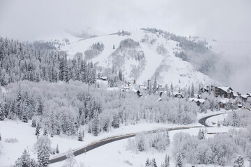 Snow at Deer Valley, Utah, near Salt Lake City during ski season..