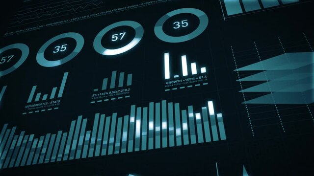 Business Statistics, Market Data And Infographics Background Layout/ 4k animation of a set of elegant dark design business and market data analysis and reports, with infographics, bar stats, charts an