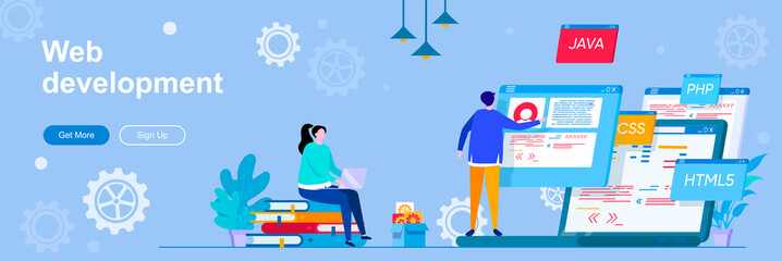 Web development landing page with people characters. Software engineering web banner. Full stack web development company vector illustration. Flat concept great for social media promotional materials. © alexdndz