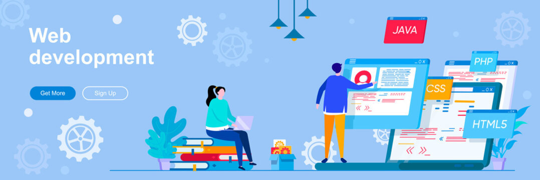 Web development landing page with people characters. Software engineering web banner. Full stack web development company vector illustration. Flat concept great for social media promotional materials.