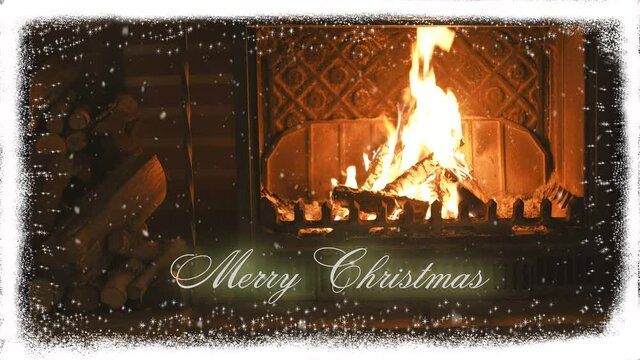 The inscription congratulation merry christmas on the background of a cozy fireplace and snow.