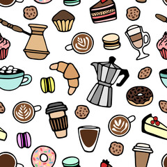 Vector seamless pattern with different coffee and dessert elements. Cute hand drawn design for wrapping paper, wallpaper, textile