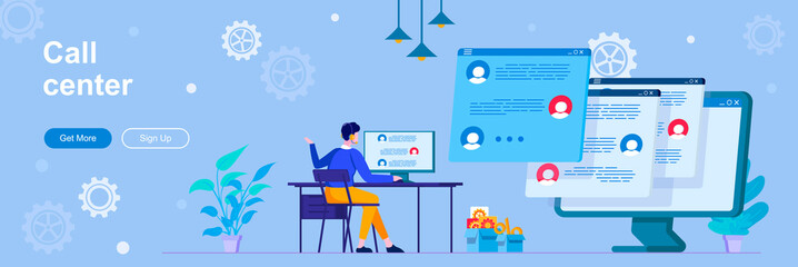 Call center landing page with people characters. Online hotline and helpdesk web banner. Customer assistance service vector illustration. Flat concept great for social media promotional materials.