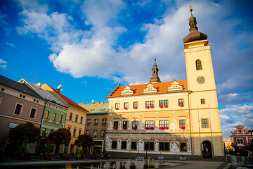 Renaissance building of the former town hall, Fountain Jizera at Old town Staromestska square, Mlada Boleslav, Central Bohemian Region, Czech Republic
