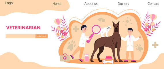 Veterinarian concept vector. Animal doctors diagnosing diseases of dog, cat. Pet health care for website.