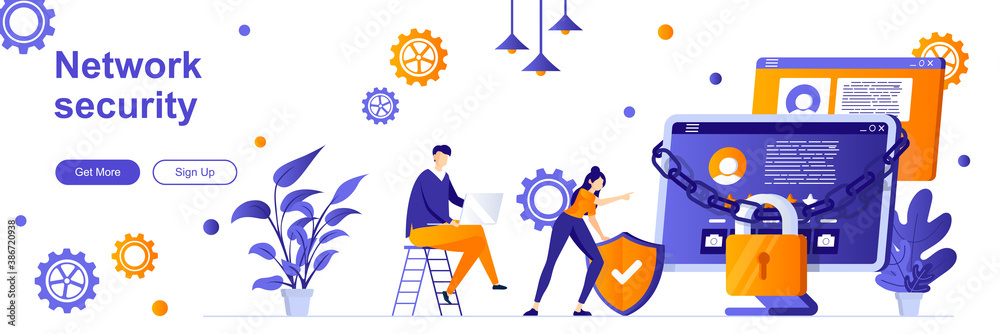 Aufkleber network security landing page with people characters. online server protection system web banner. pe