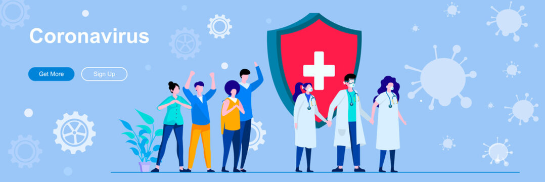 Coronavirus landing page with people characters. COVID-19 infection prevention and control web banner. Coronavirus disease vector illustration. Flat concept great for social media promotional material