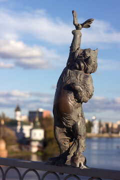 Vinnytsia, Ukraine - 14 October, 2020. Bronze sculpture of a cat with a butterfly on the Kiev bridge in Vinnitsa. Animal sculpture