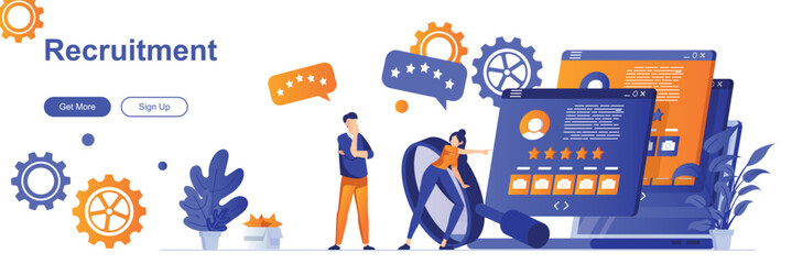 Recruitment landing page with people characters. Headhunting agency, study candidates web banner. Staffing and recruiting vector illustration. Flat concept great for social media promotional materials
