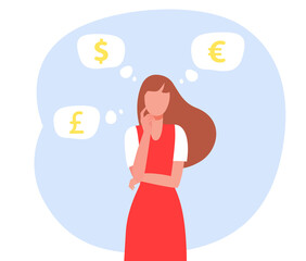 Woman thinking about currency rate. Money, finance. Flat vector illustration. Financial market or business concept can be used for presentations, banner, website design, landing web page