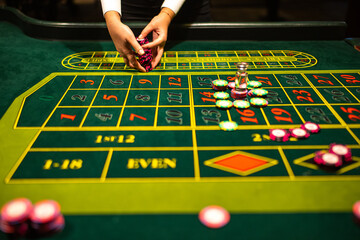 Casino Black Jack table with poker cards and chips.