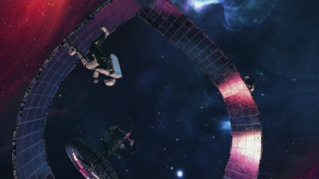 Trippy futuristic sci-fi 3D animation of the astronauts running endlessly on a Mobius strip. Deep space seamless loop with infinity concept for intro, VJ, EDM music video. Stylized 4k video background