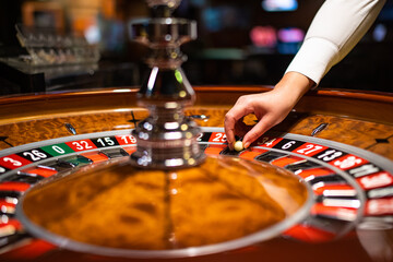 The croupier holds a roulette ball in his hand in a casino. Casino wheel.
