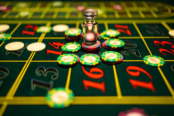 Casino Black Jack table with poker cards and chips.