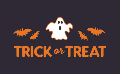 Cute cartoon ghost with trick or treat text design. Funny Halloween illustration.