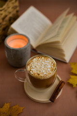 a cup of cocoa, books, autumn leaves and candle standing on grown table
