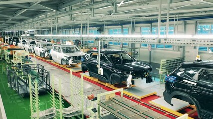 Automobile, car factory conveyor. Factory premises with multiple unfinished automobiles