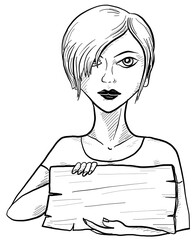 A woman holding a blank signboard across her chest. Hand drawn vector illustration