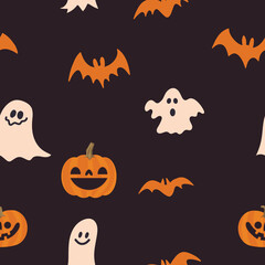 Halloween pumpkins, bats and ghosts seamless pattern. Cute illustrations background.