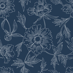 Hand drawn abstract garden flowers. Contour drawing. Large daisy heads in bloom. Summer floral seamless pattern. Line art flowers. Detailed outline sketch drawing. Fashion design, vintage style.