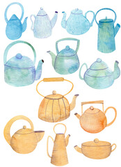 Watercolor set of blue and yellow kettles