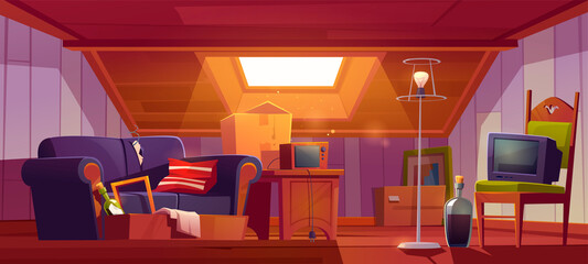 Attic room with old things, garret with roof window and furniture. Discreet place with antique switched-off TV set, radio, carton boxes, wine bottle, table and floor lamp. Cartoon vector illustration © klyaksun