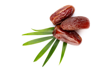 Dry dates isolated on white background. Top view. Flat lay pattern.