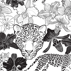 Seamless pattern with leopards and orchids on white. Hand-drawn vector illustration. Animal art background.