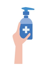hand with antibacterial soap bottle icon