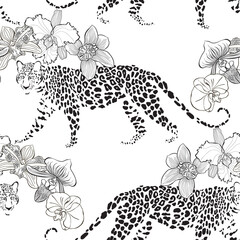 Seamless pattern with leopards and orchids. Hand-drawn vector illustration. Animal art background.